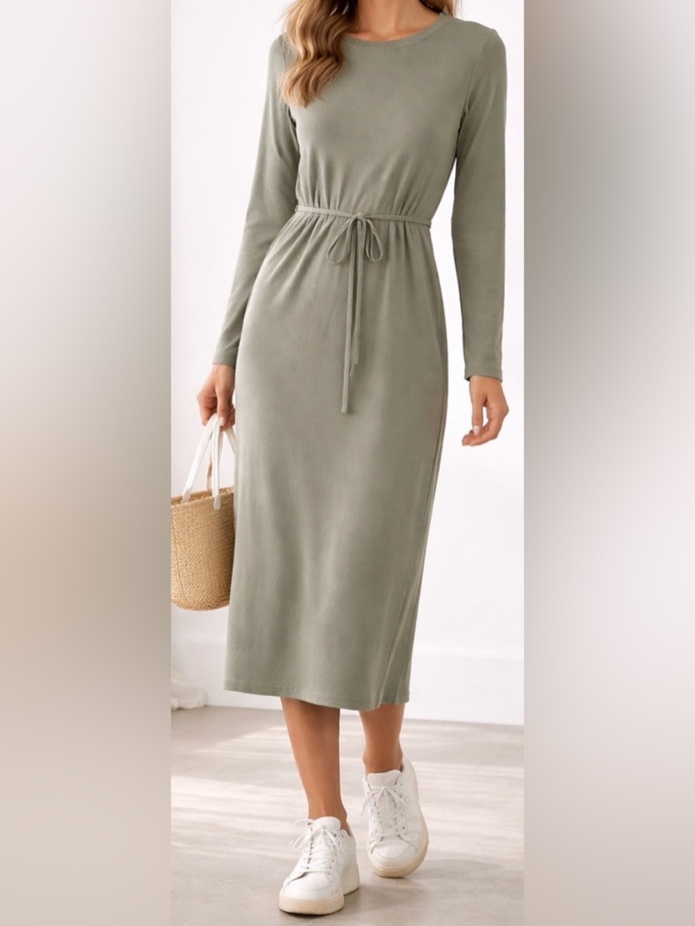 Veiled Tie Waist Midi Dress Sage Green Long Sleeve Stretch Size S